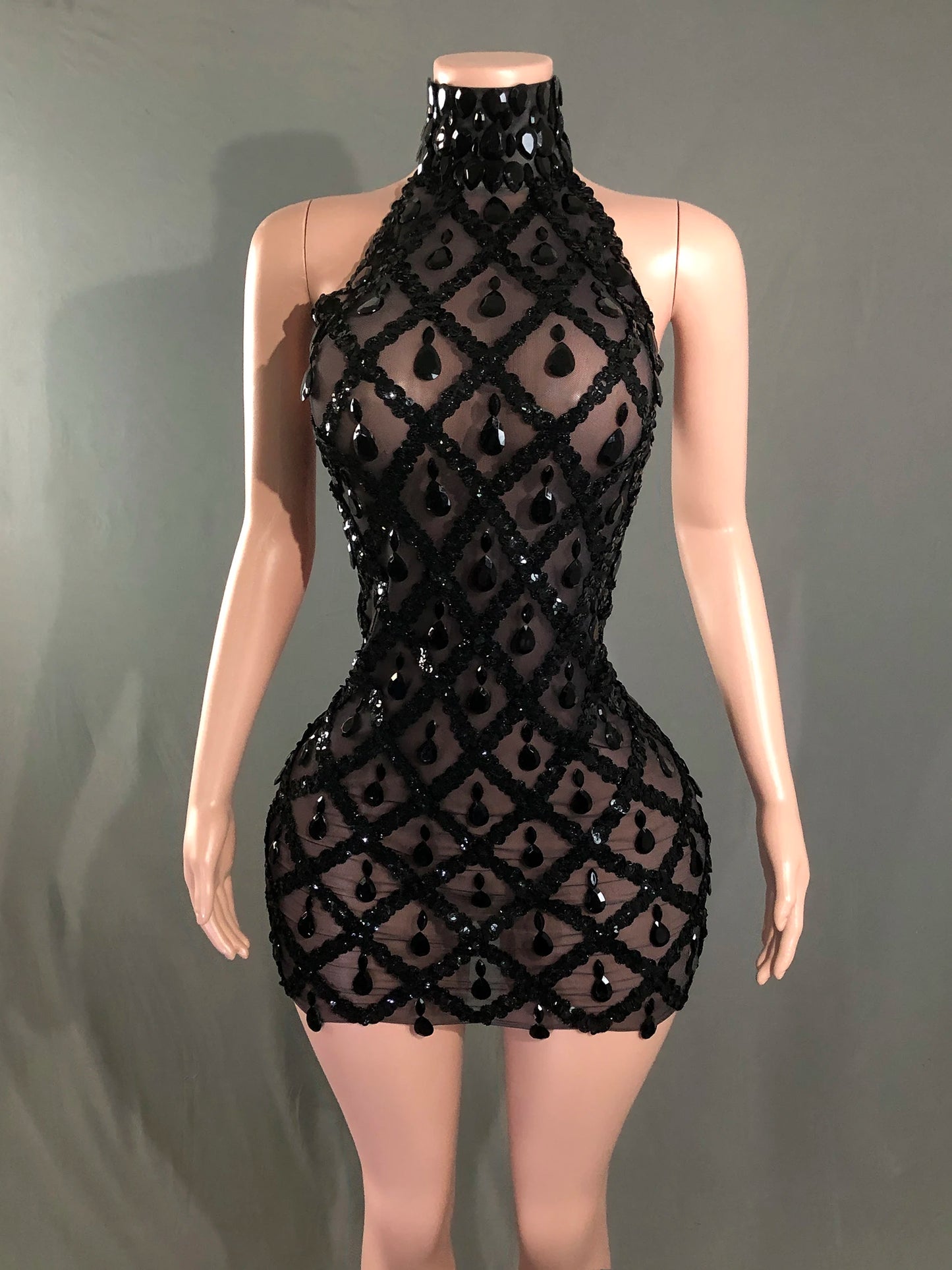 Sparkly Rhinestones Short Dress for Women Sexy Mesh Transparent Celebrate Evening Prom Event Birthday Dress Photo Shoot Wear