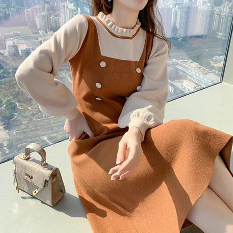 Crochet Sweater Dress Woman Vintage Loose Autumn Winter 2023 Knitted Casual Midi Long Sleeve Dresses Ladies Yellow Korean Style