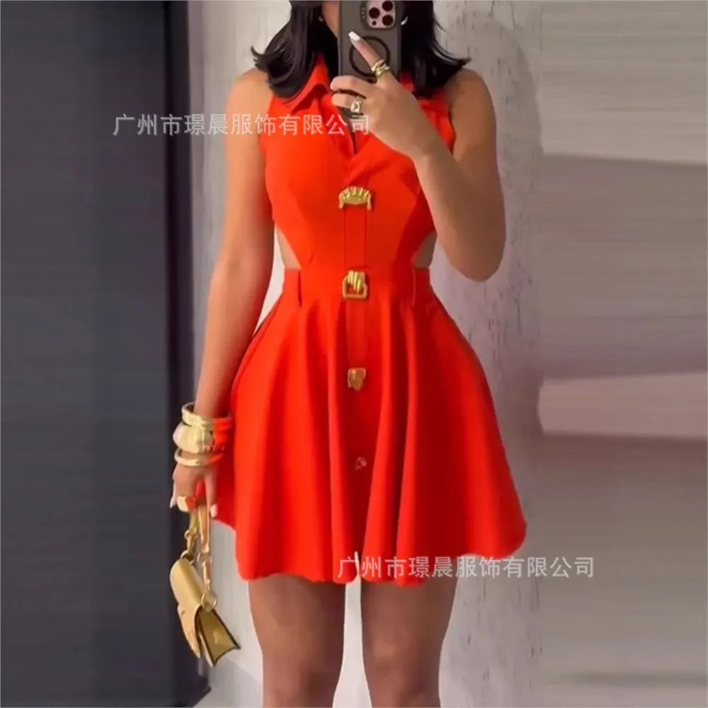 Women's Fashionable Mini Dress 2025 Summer Sleeveless Hollowed-out Lapel Shirt Dress with Button Temperament Elegant Short Skirt