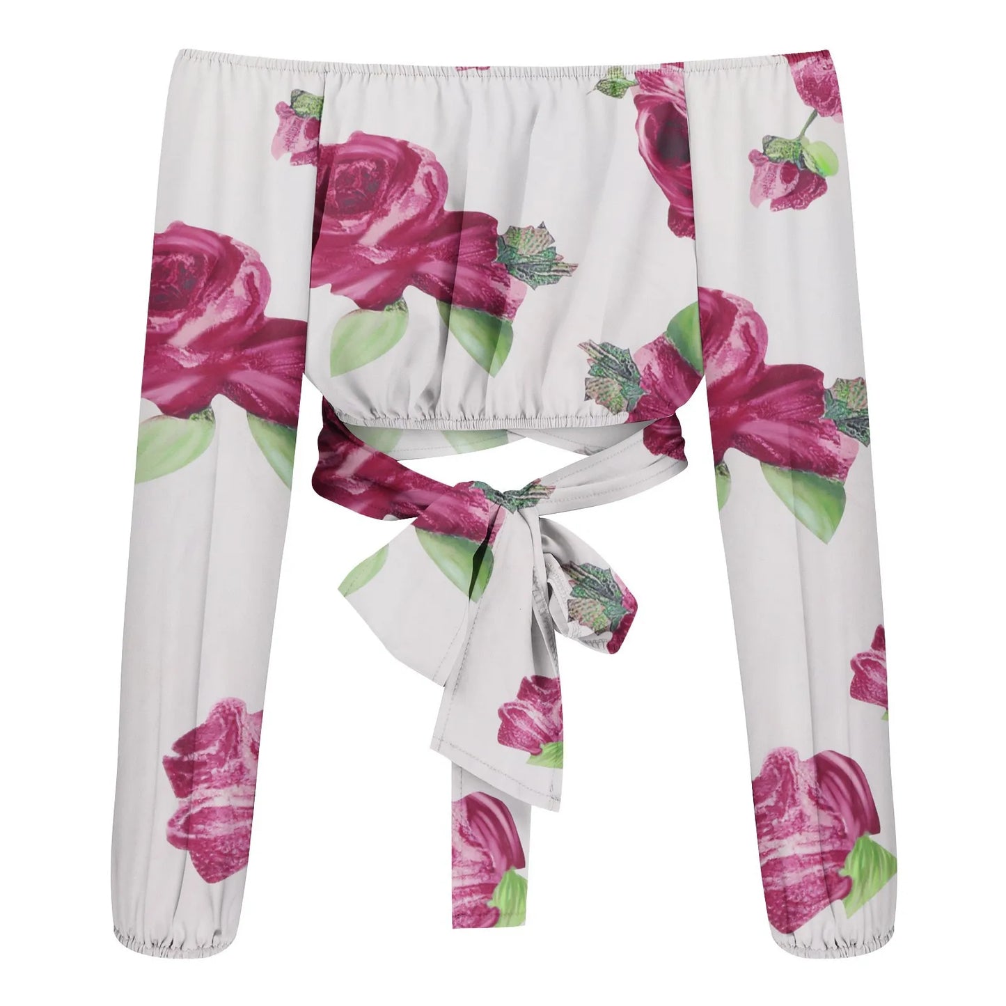 Women Sexy Off Shoulder Blouse Chic and Elegant Printing Lantern Long Sleeve Lace Up Bow Cropped Tops Casual Slim Shirts 2024