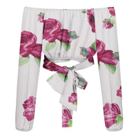 Women Sexy Off Shoulder Blouse Chic and Elegant Printing Lantern Long Sleeve Lace Up Bow Cropped Tops Casual Slim Shirts 2024