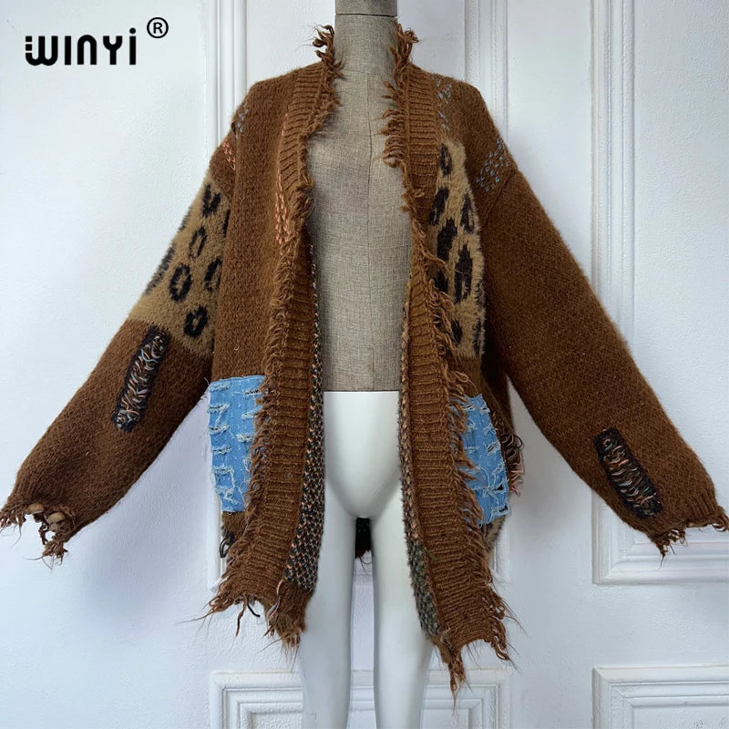 WINYI Make old holes and knit winter cardigan woman kimono party dress vintage abaya dubai luxur winter outfits for women coat