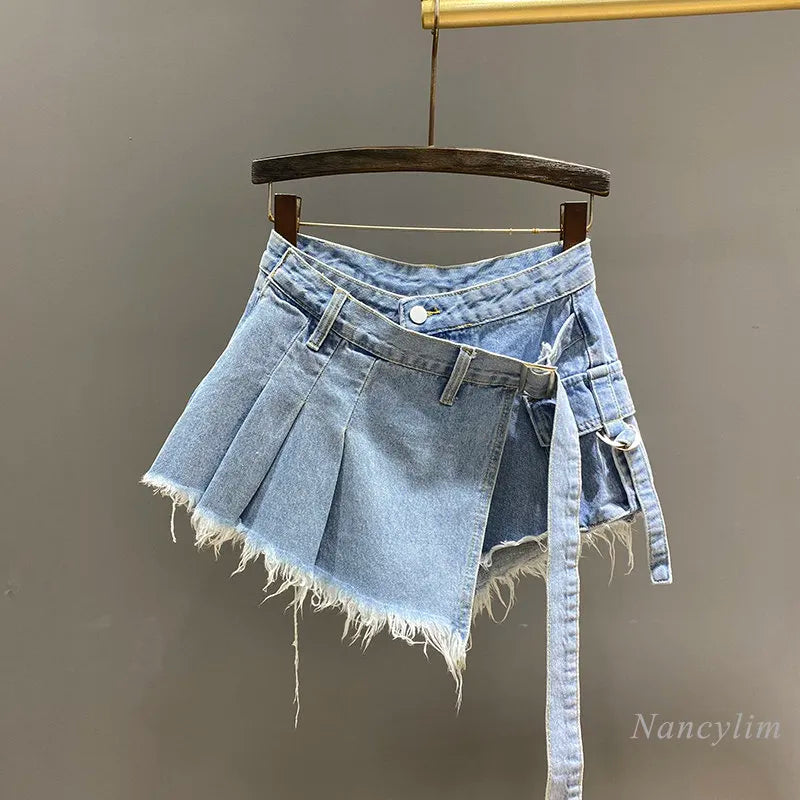 Irregular Pink Denim Skirt Women's Summer High Waist Slimming False Two-Piece A- Line Workwear Short Mini Skirts 2023