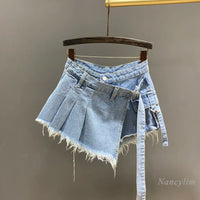 Irregular Pink Denim Skirt Women's Summer High Waist Slimming False Two-Piece A- Line Workwear Short Mini Skirts 2023