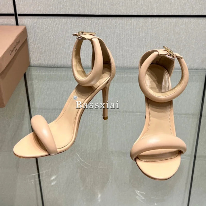 Genuine Leather One-Strap Sandals Women 10cm Stiletto Heel Back Zip Concise Style Modern Summer Shoes