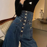 French dark blue breasted high waist jeans women's spring and autumn new large size loose slim high design straight wide-leg pan