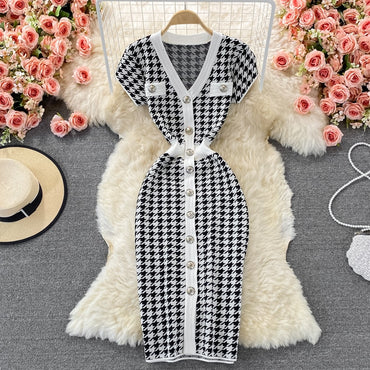 Sexy Elegant Temperament V-neck Hit Color Dress Office Lady Single-breasted Houndstooth Dress