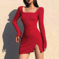 Sexy Knitted Sheath Dress Summer Women Solid Colors High Waist Pullover Style Long Sleeve 2023 Fashion Streetwear Split Dress