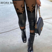 Women Mesh&Pu Leather Patch High Waist Zipper Pants Skinny Spring&Autumn Black Pencil Pants