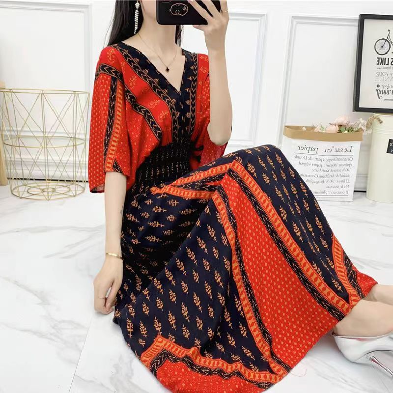 Summer Poplin Dresses Women Round Neck Puff Short Sleeve A Line Print Dresses Ethnic Style Tight High Waist Long Dress 2023