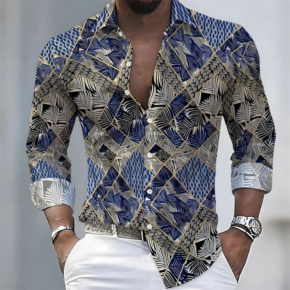 Men's Retro Color-Blocked Floral Print Long-Sleeve Shirt with Paisley Pattern Design, Casual Top for Spring and Autumn