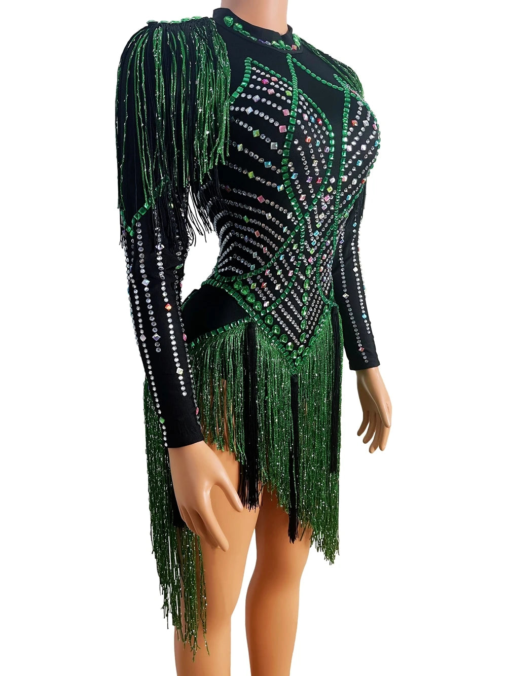 Sparkly Rhinestones Tassel Leotard Sexy Dance Costume Crystals Black Green Fringes Bodysuit Nightclub Outfit Show Stage Wear