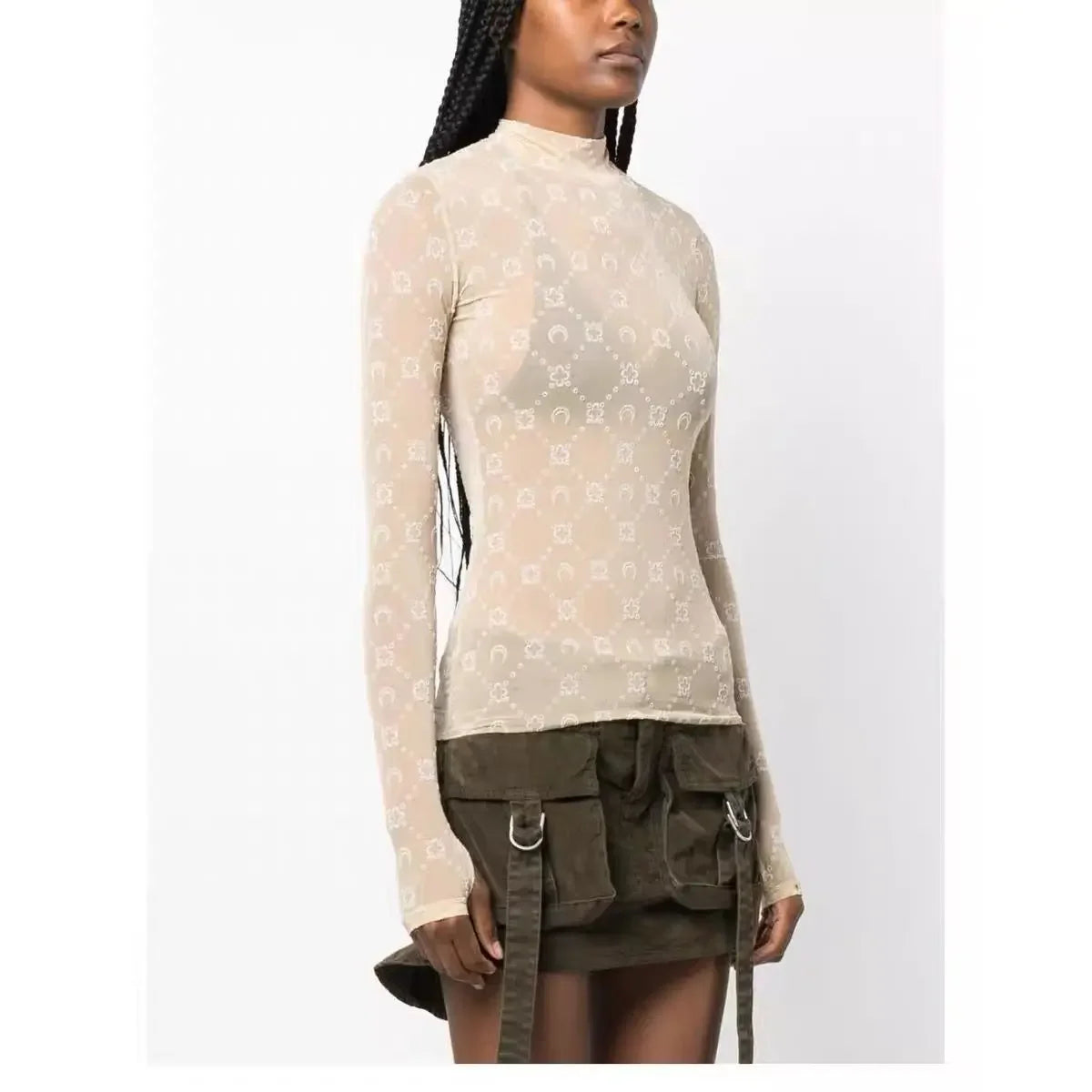 Spring Fashion and Sexy Perspective Women's Pullover Mesh T-Shirt New Semi High Neck Long Sleeved Slim Fit Elastic Women T-Shirt