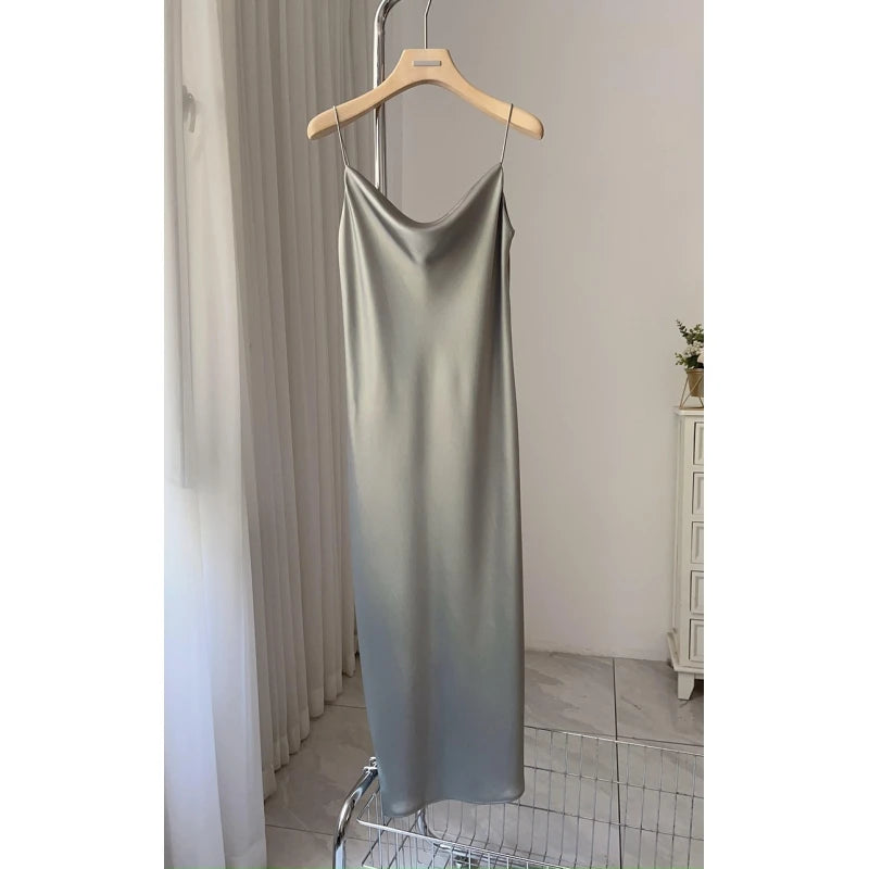 Ele Satin Acetate ter Dr Women's Smooth Glossy Tee-Vein Neline Strapl Midi Skirt Four Colors Available