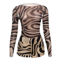 Sisterlinda Striped Print Mesh 2 Piece Set Fashion Chic Full Sleeve O-neck T-shirts+Ruffle Trim Slim Shorts Female New Clubwear