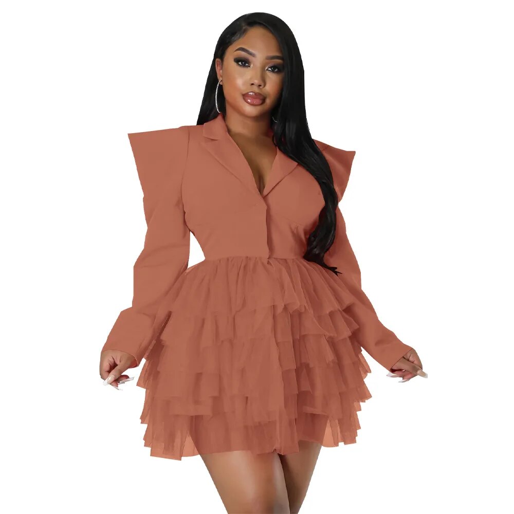 INS Autumn New Arrivals Women Mesh Ruffles Suit Dress Full Sleeves Right Shoulder V Neck Fashion Party Dresses Birthday Gowns