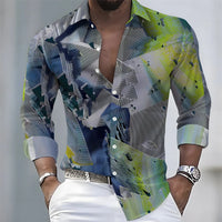 2026 Spring/Autumn New Men's Light Luxury Baroque Style Long-Sleeved Shirt with Color-Blocked Geometric Print Lapel Cardigan