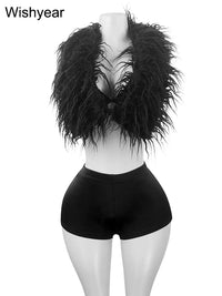 Sexy Night Club 2 Piece Pants Set Women Summer Furs Halter Tank Tops and Tight Stretch Shorts Hot Girls Midnight Party Suits y2k