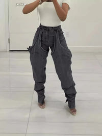 Jeans Women Straight Pants Hollow Out Zipper High Strecth Pockets Irregular Denims Vintage Distressed Streetwear 2025 Trousers