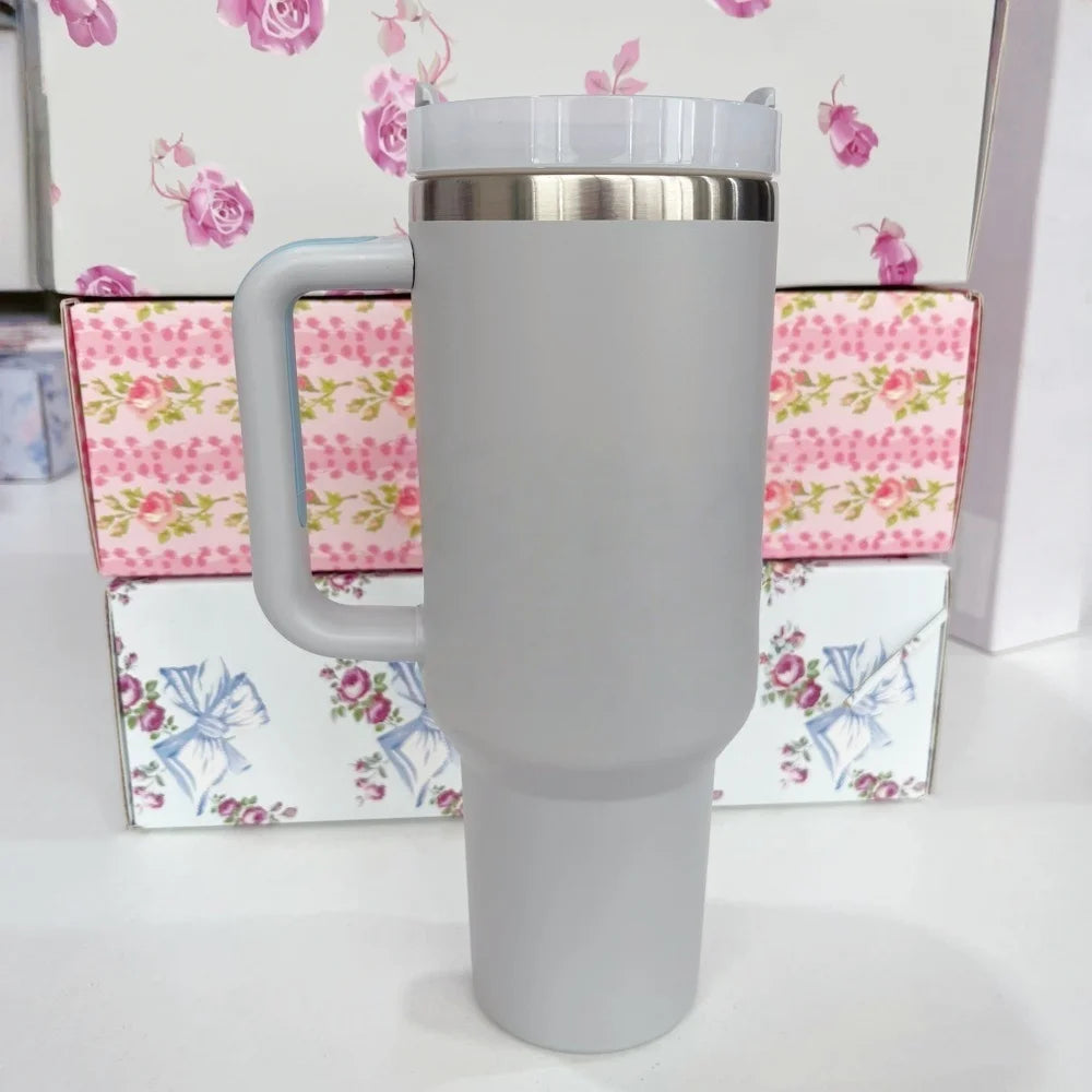 Stainless Steel Vacuum Insulated Car Cup with Dual Straw Lid, Thermal Icy Travel Handle 40oz New