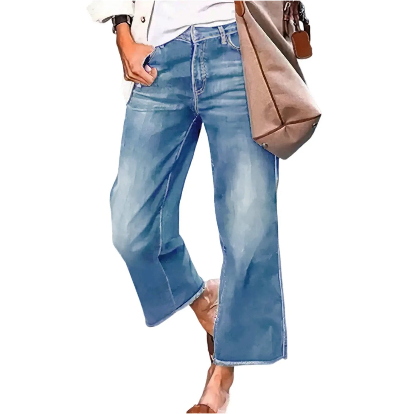 Wide-Leg Jeans For Women Washed Blue With Raw Edges Loose Fit Retro Trousers Lazy Style Trendy Trousers Daily Casual Wear