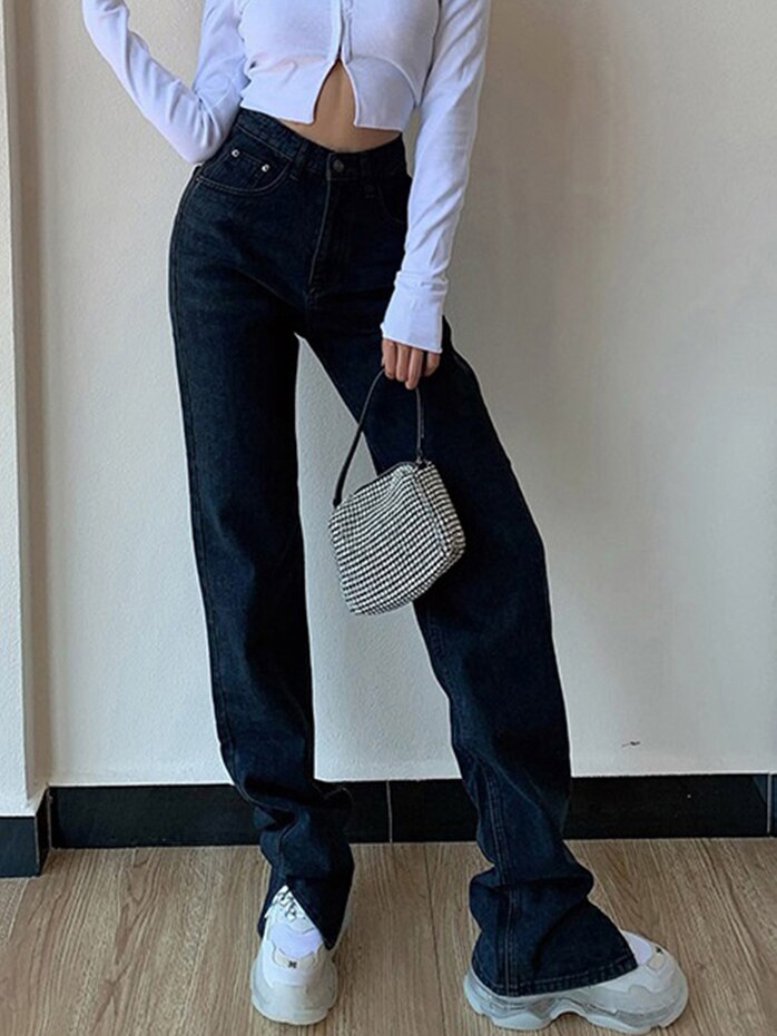 Women's High Waist Pants Straight Leg Jeans 2022 Women Casual Loose Pants Split Washed Fashion Package Hips Trousers Blue Jeans