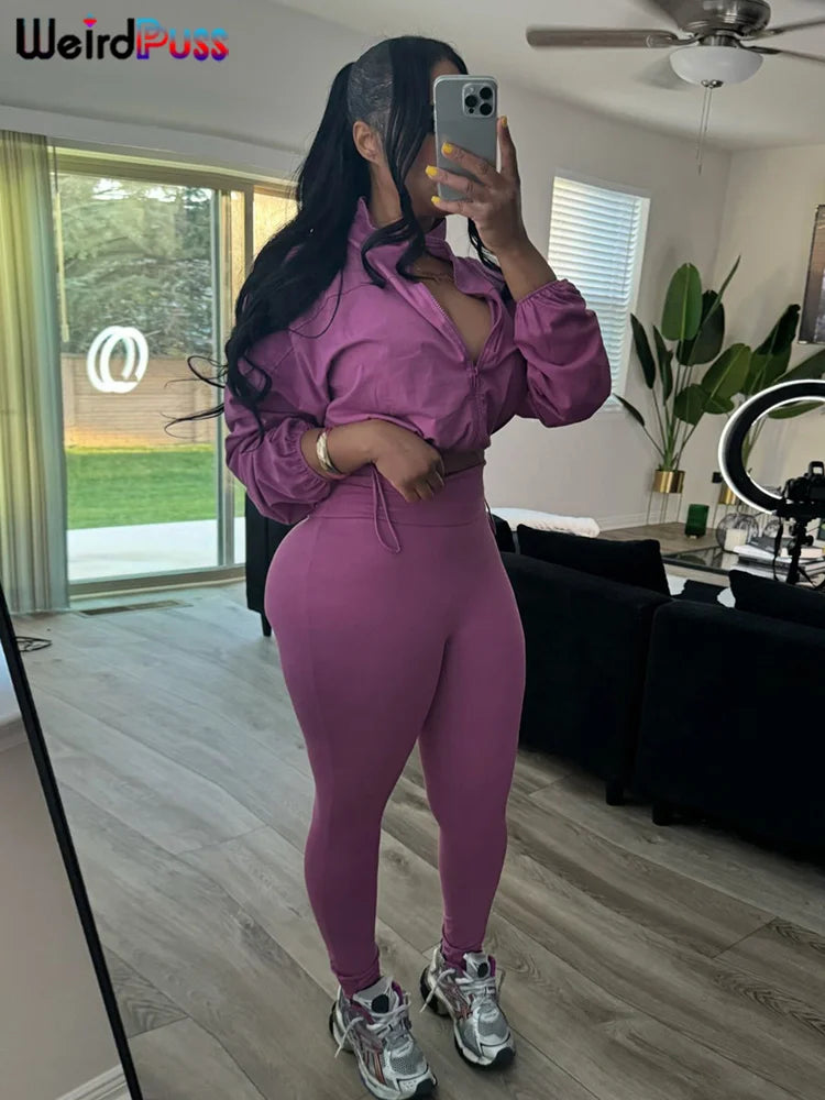Weird Puss Women Tracksuit 2 Piece Set 2024 Autumn Casual Zip Thin Drawstring Jacket+Leggings Matching Streetwear Sporty Suit