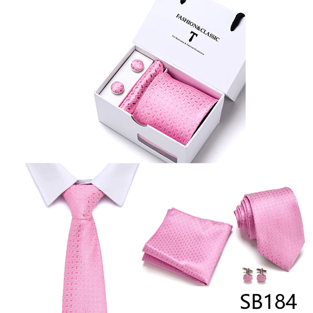 High Quality 7.5 cm Stripe Blue Tie Pocket Square Cufflinks Set For Men Gift Box Wedding Gravatas Fit Workplace