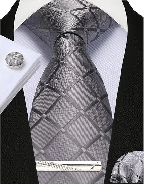 100% Silk Ties for Men Plaid & Checks Tie Clip Handkerchief Woven Classic Men's Necktie Pocket Square Set Formal Wedding Ties
