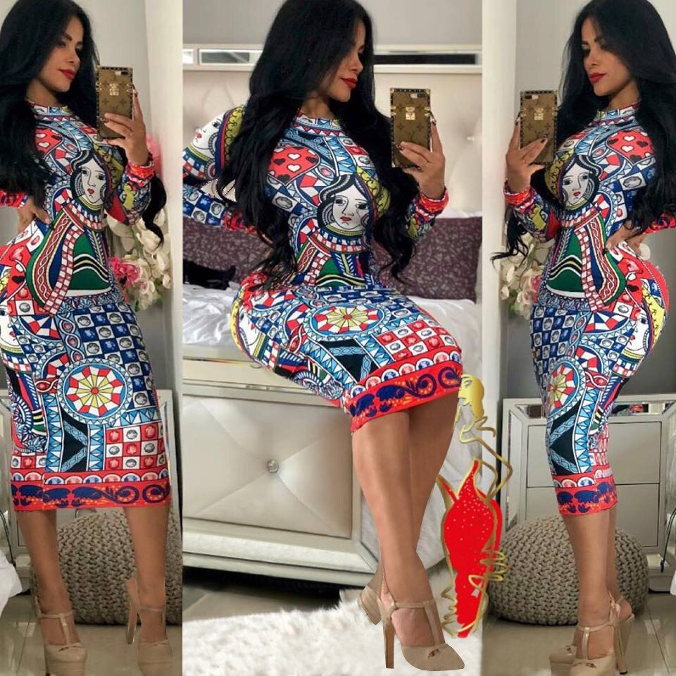 Multicolor Print Novelty Bodycon Sheath Dress Women Summer Long Sleeve Knee-Length Casual Dresses Elegant Slim Midi Robe Femme