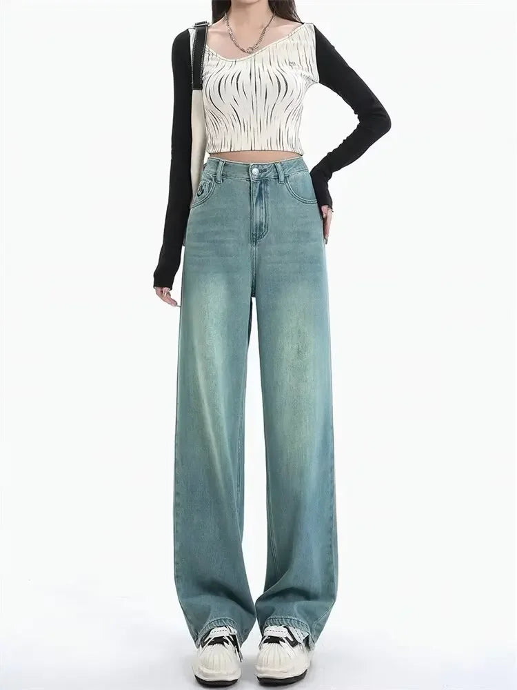 Women Comfortable Denim Pants New Female Vintage Mid Waisted Jeans Pants Girls Smile Edition Straight Leg Jeans Trousers