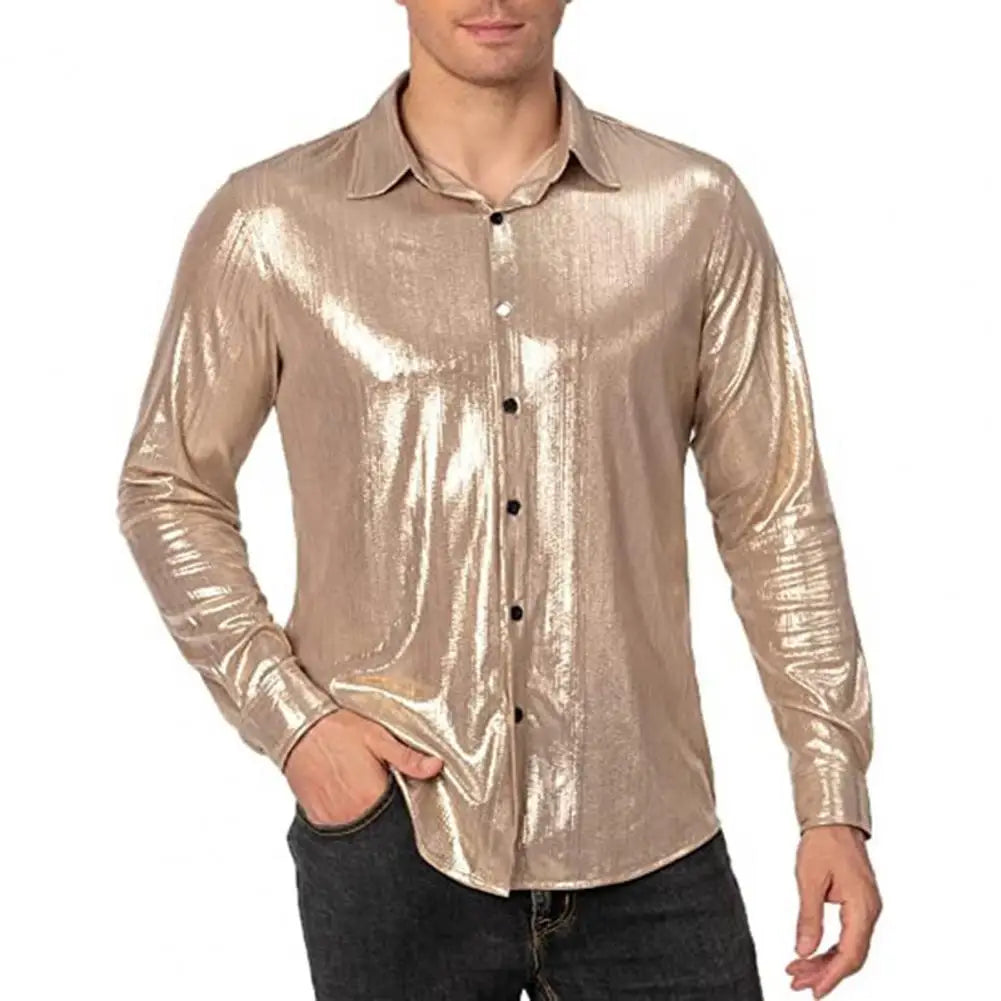 2025 Shirt Men Button Metallic Disco Shirt 70s Costume Men Gold Shirts For 70s Party Nightclub Wear Music Festival Men's Top