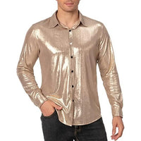 2025 Shirt Men Button Metallic Disco Shirt 70s Costume Men Gold Shirts For 70s Party Nightclub Wear Music Festival Men's Top