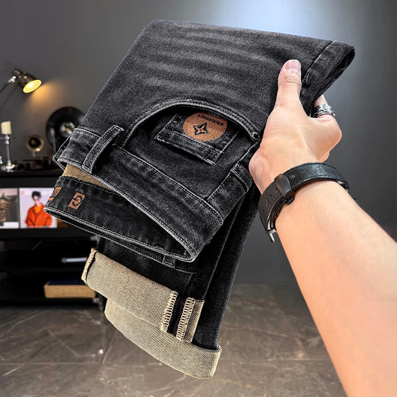 Men's Jeans Casual Long Straight Stretch Denim Pants Autumn Winter Classic Belted Jeans Korean Fashion Blue Black Jean Trousers