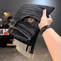 Men's Jeans Casual Long Straight Stretch Denim Pants Autumn Winter Classic Belted Jeans Korean Fashion Blue Black Jean Trousers