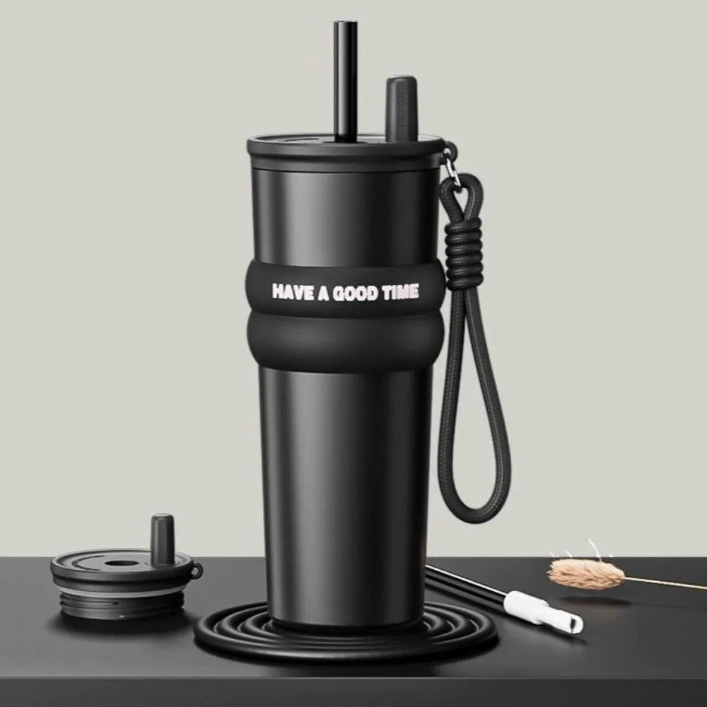 Stainless Steel Vacuum Insulated Bottle Large Caliber Large Capacity Thermal Cup With Straw with Lifting Rope Insulated Cup Car