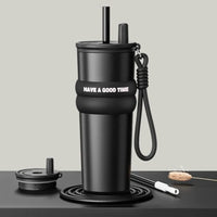 Stainless Steel Vacuum Insulated Bottle Large Caliber Large Capacity Thermal Cup With Straw with Lifting Rope Insulated Cup Car