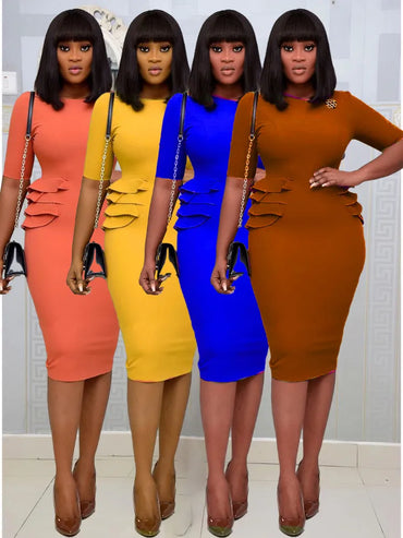 Women O Neck Dresses Bodycon Slim Half Sleeves Elegant Ruffles Office Ladies Work Wear Modest Classy Female Vestidos Elastic New