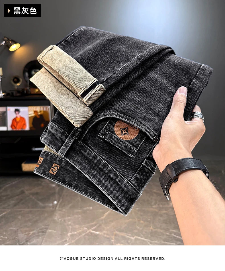 Men's Jeans Casual Long Straight Stretch Denim Pants Autumn Winter Classic Belted Jeans Korean Fashion Blue Black Jean Trousers