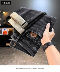 Men's Jeans Casual Long Straight Stretch Denim Pants Autumn Winter Classic Belted Jeans Korean Fashion Blue Black Jean Trousers