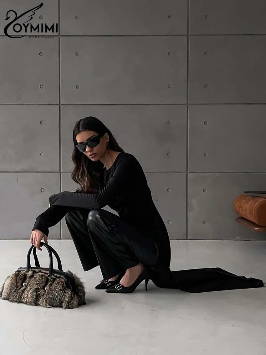 Oymimi Elegant Black Slim Women's Dress Fashion O-Neck Long Sleeve Solid Simple Dresses Spring New Irregular Floor-Length Dress