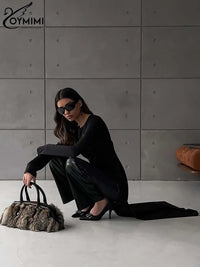 Oymimi Elegant Black Slim Women's Dress Fashion O-Neck Long Sleeve Solid Simple Dresses Spring New Irregular Floor-Length Dress