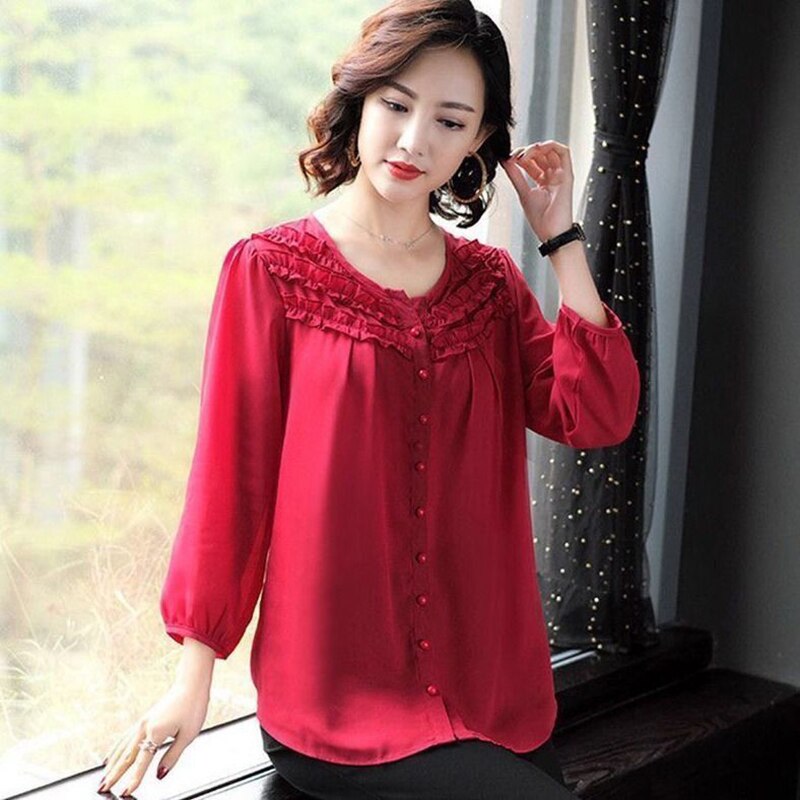 Oversized Nine Quarter Sleeve Chiffon Blusas For Mom Summer Causal Camisas Korean Fashion Top Chic Elegant Blouse Loose Shirt