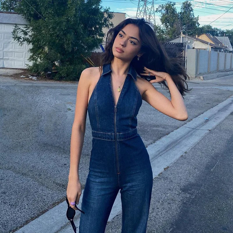 Sexy Elegant Denim Jumpsuit Women Sleeveless Zipper Fashion High Street Wide Legs Activewear Deep V-Neck One-Pieces Rompers