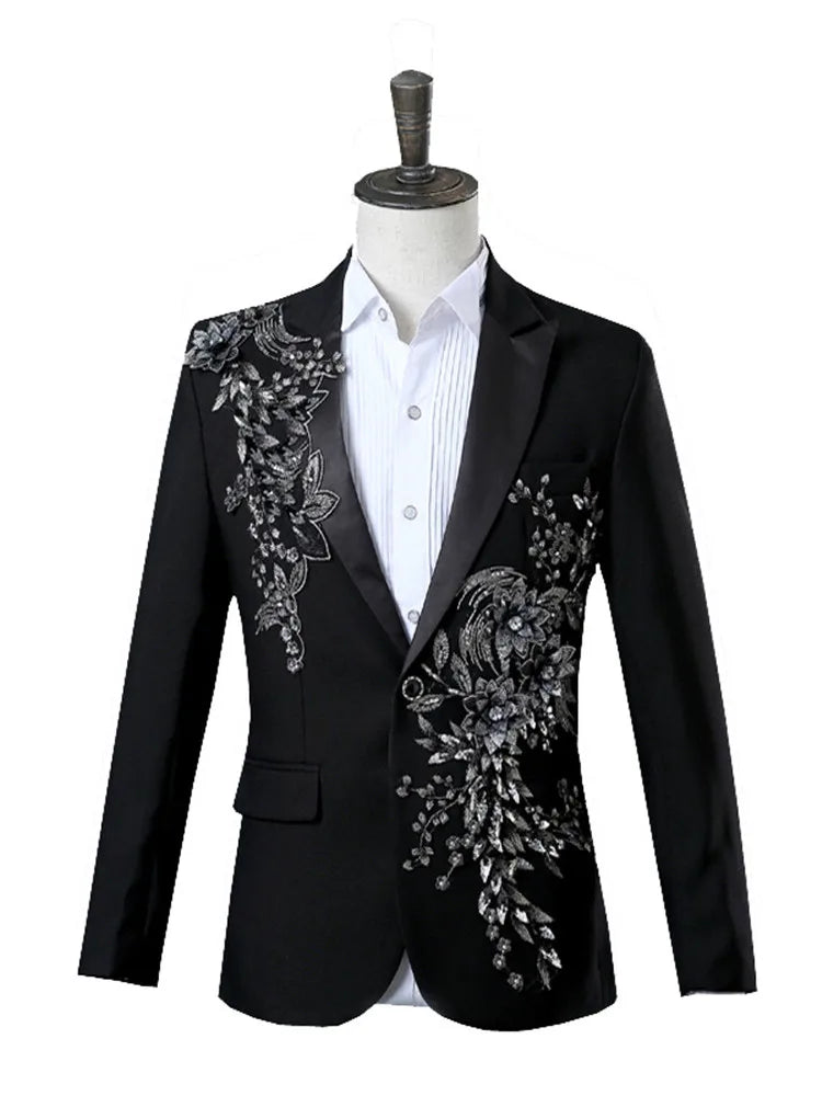 Men White Appliqued Blazer Masculino Chinese Red Costume Homme Pour Mariage Stage Wear