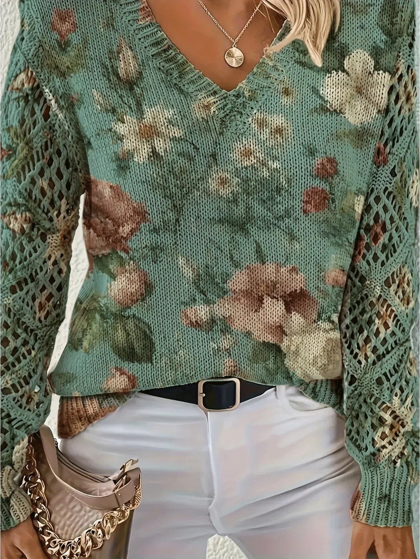 Elegant Bohemian Floral V-neck Long Sleeved Top Fashionable V-neck Pullover Hollow Printed Sweater Pullover 2025 Casual Knitwear
