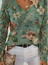 Elegant Bohemian Floral V-neck Long Sleeved Top Fashionable V-neck Pullover Hollow Printed Sweater Pullover 2025 Casual Knitwear