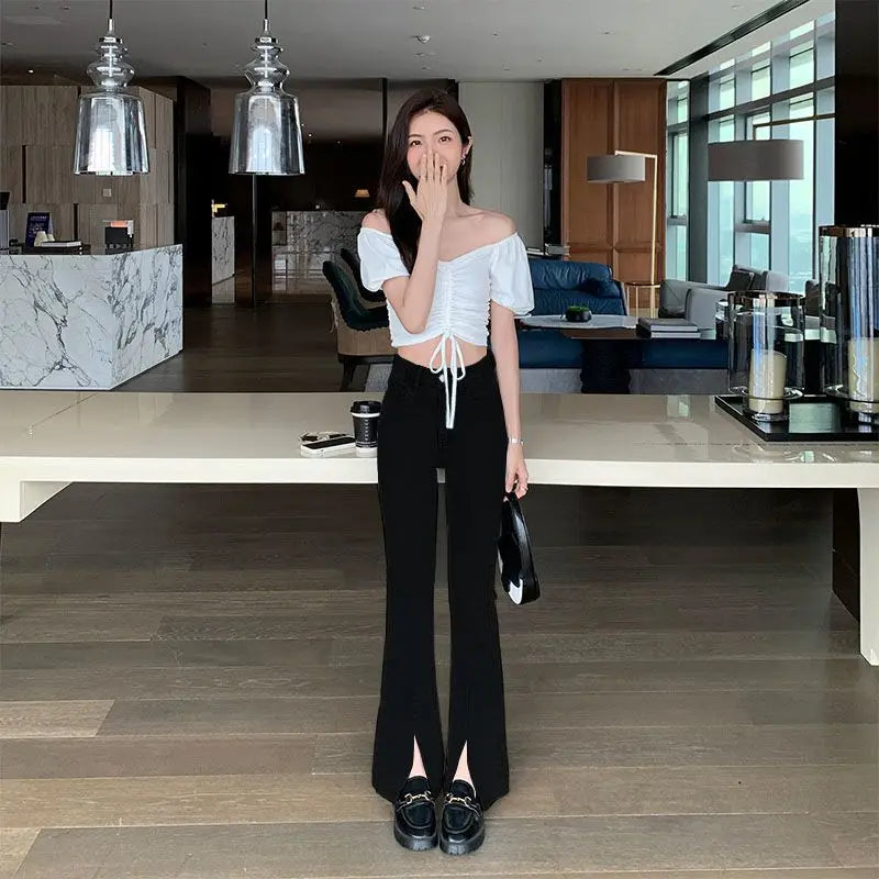 Women's Flared Jeans with Slits Bell Bottom Trousers Retro High Waist Shot Cowboy Pants for Woman Original Top Selling Baggy R Z