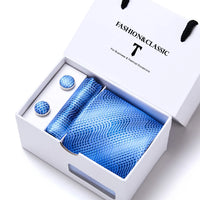 High Quality 7.5 cm Stripe Blue Tie Pocket Square Cufflinks Set For Men Gift Box Wedding Gravatas Fit Workplace