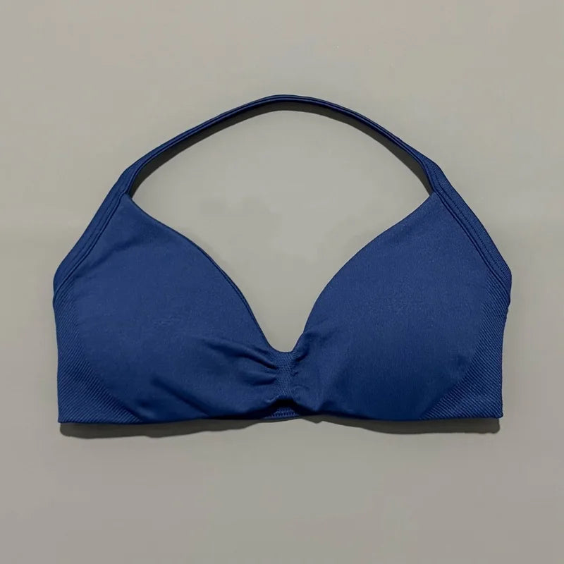 HISTELLO Sports Bra Seamless Halter Thin Strap High Support Scrunch Women Removable Pads Gym Fitness Workout Yoga Clothes
